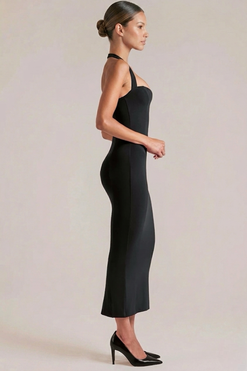 Halter Sweetheart Midi Dress with Fluted Hem - Sculpting Fit for Events