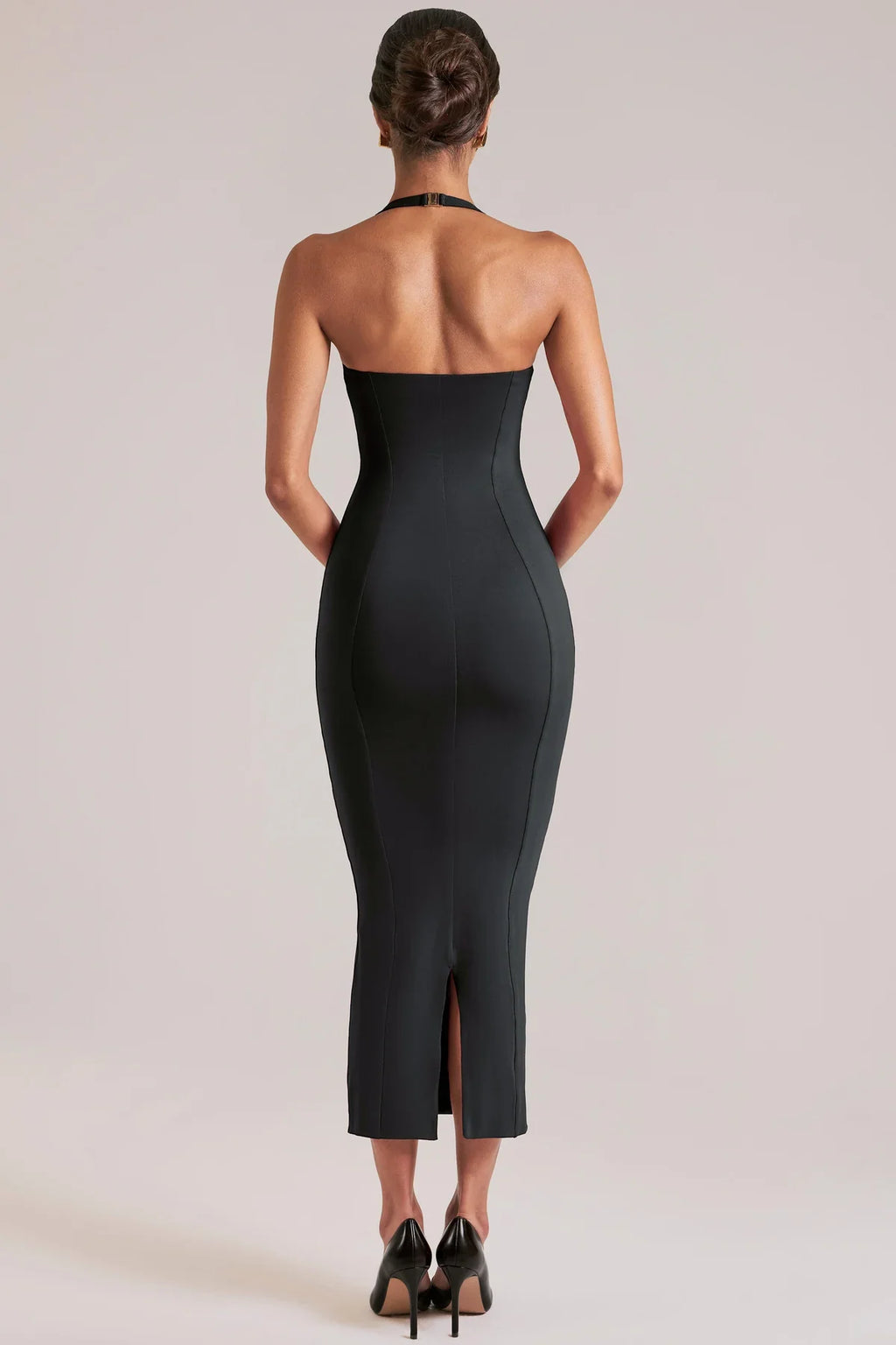Halter Sweetheart Midi Dress with Fluted Hem - Sculpting Fit for Events
