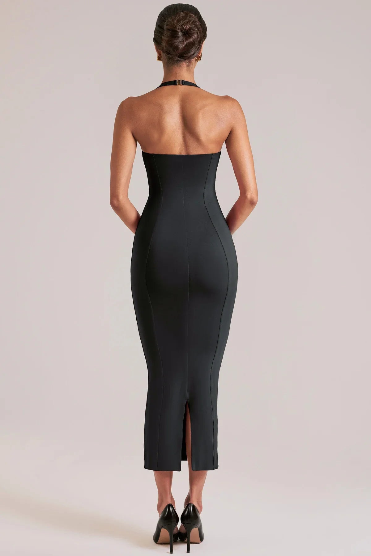 Halter Sweetheart Midi Dress with Fluted Hem - Sculpting Fit for Events