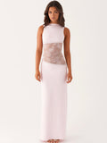 Stretchy Backless Maxi Dress with Round Neck and Lace Detail for Casual Wear