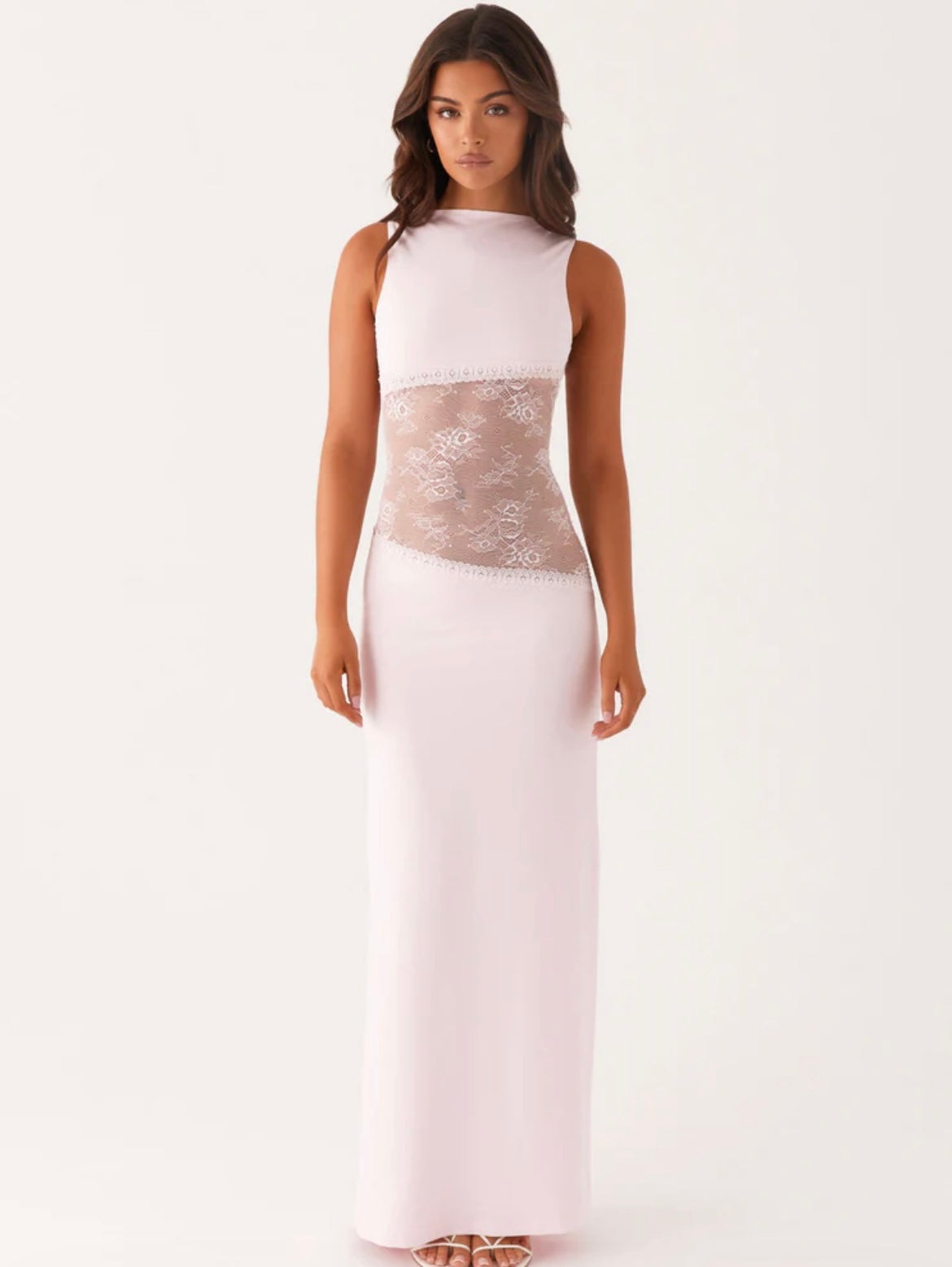 Stretchy Backless Maxi Dress with Round Neck and Lace Detail for Casual Wear
