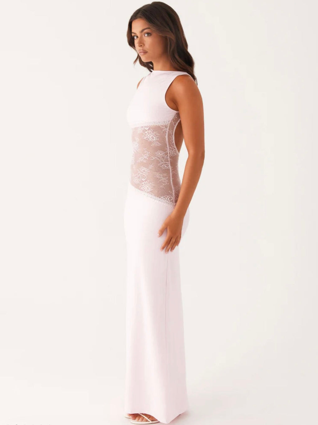 Stretchy Backless Maxi Dress with Round Neck and Lace Detail for Casual Wear