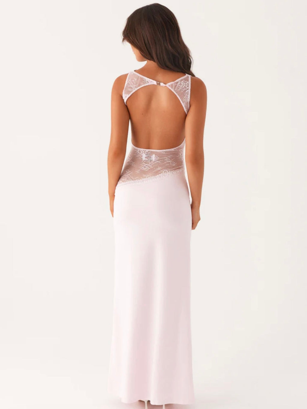 Stretchy Backless Maxi Dress with Round Neck and Lace Detail for Casual Wear