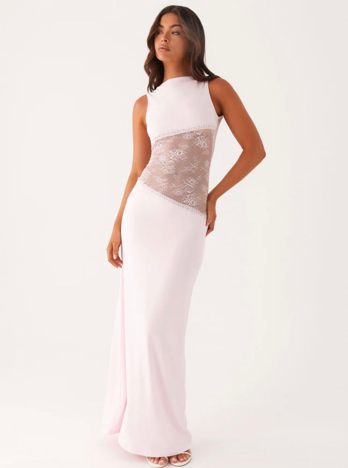 Stretchy Backless Maxi Dress with Round Neck and Lace Detail for Casual Wear