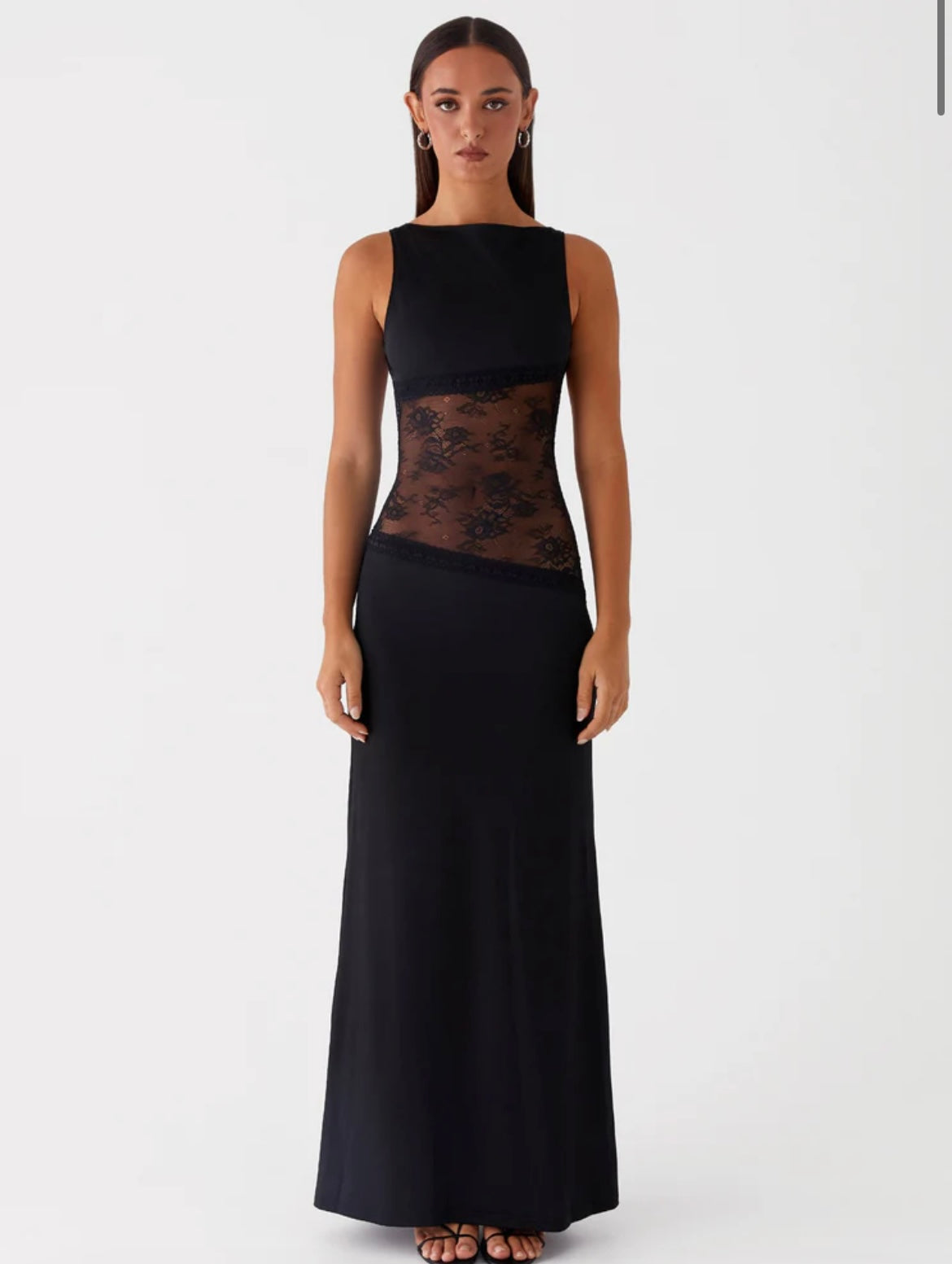 Stretchy Backless Maxi Dress with Round Neck and Lace Detail for Casual Wear