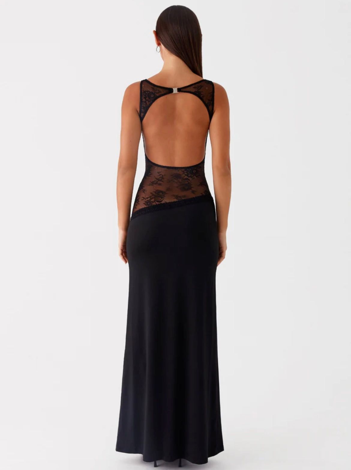 Stretchy Backless Maxi Dress with Round Neck and Lace Detail for Casual Wear