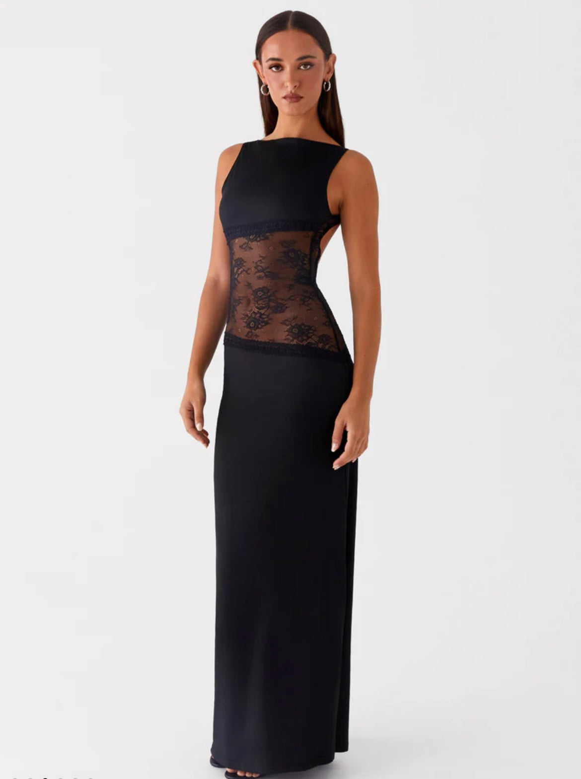 Stretchy Backless Maxi Dress with Round Neck and Lace Detail for Casual Wear