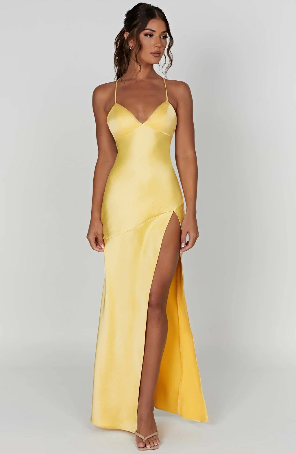 Satin Plunge Maxi Dress with Thigh-High Split for Evening Events