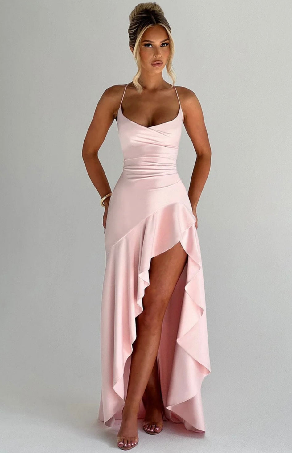 High-Low Ruffle Hem Satin Maxi Dress with Twist Cowl Neck for Evening Wear