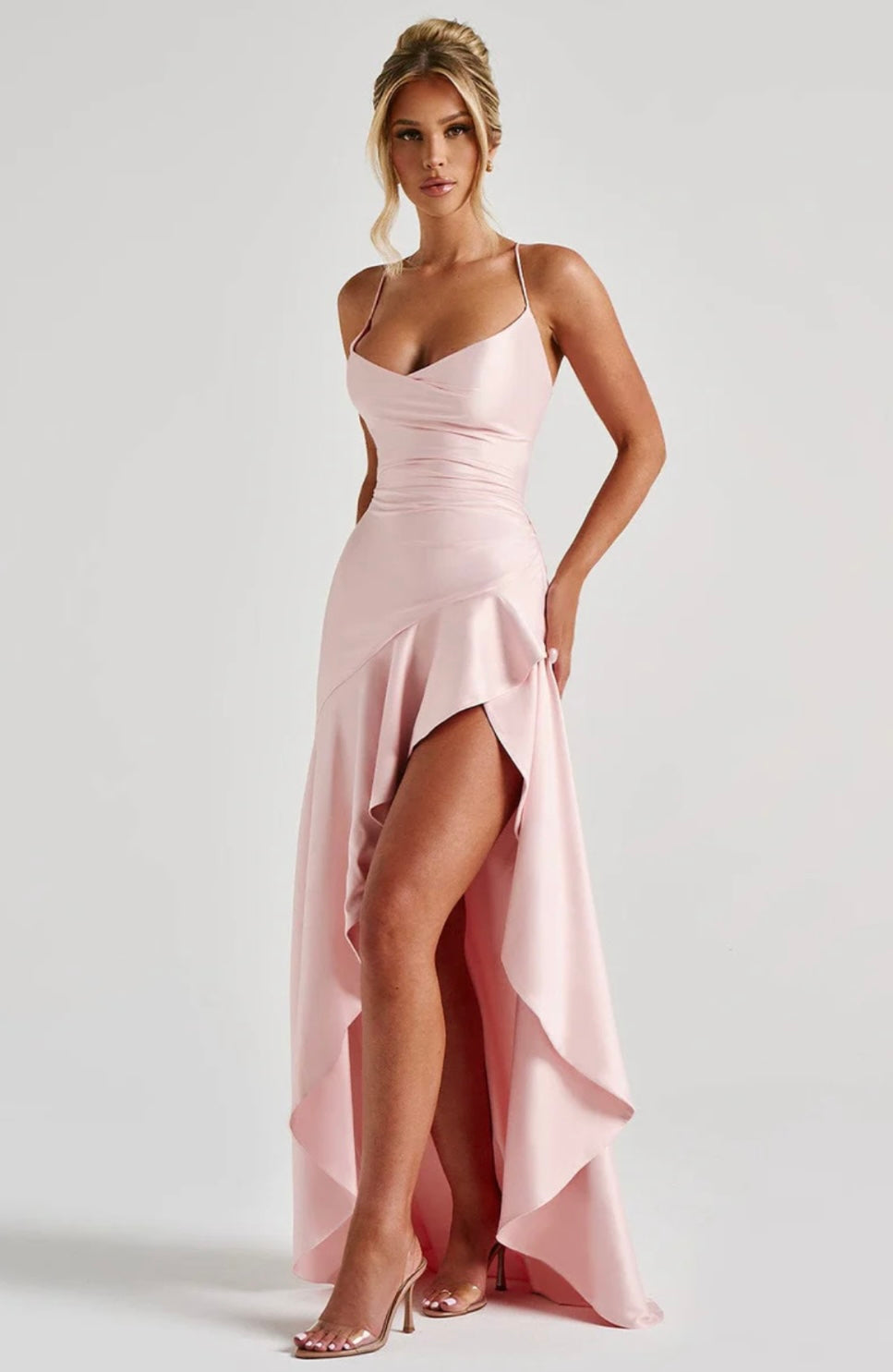 High-Low Ruffle Hem Satin Maxi Dress with Twist Cowl Neck for Evening Wear