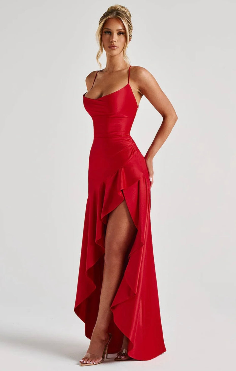 High-Low Ruffle Hem Satin Maxi Dress with Twist Cowl Neck for Evening Wear