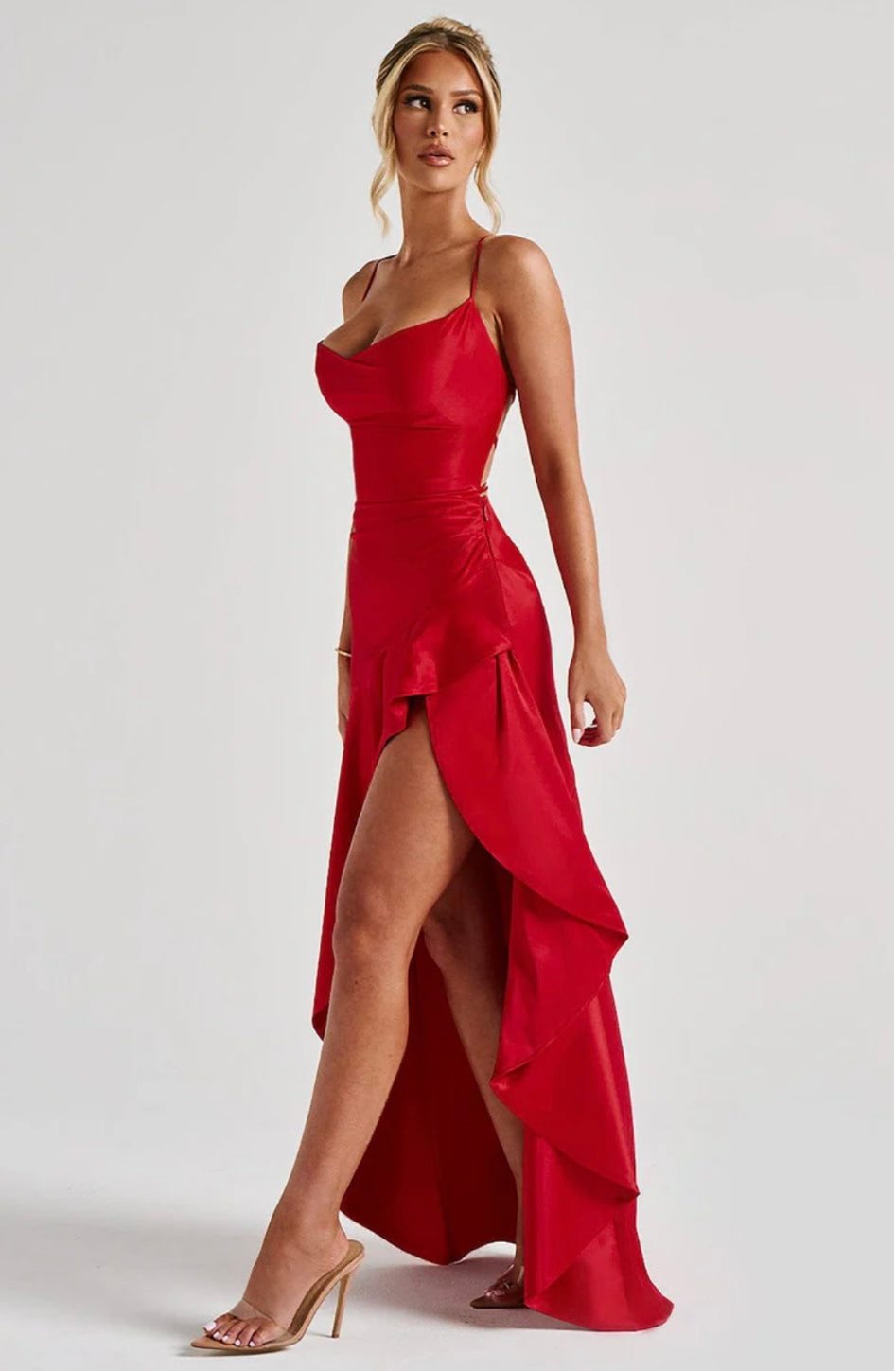 High-Low Ruffle Hem Satin Maxi Dress with Twist Cowl Neck for Evening Wear