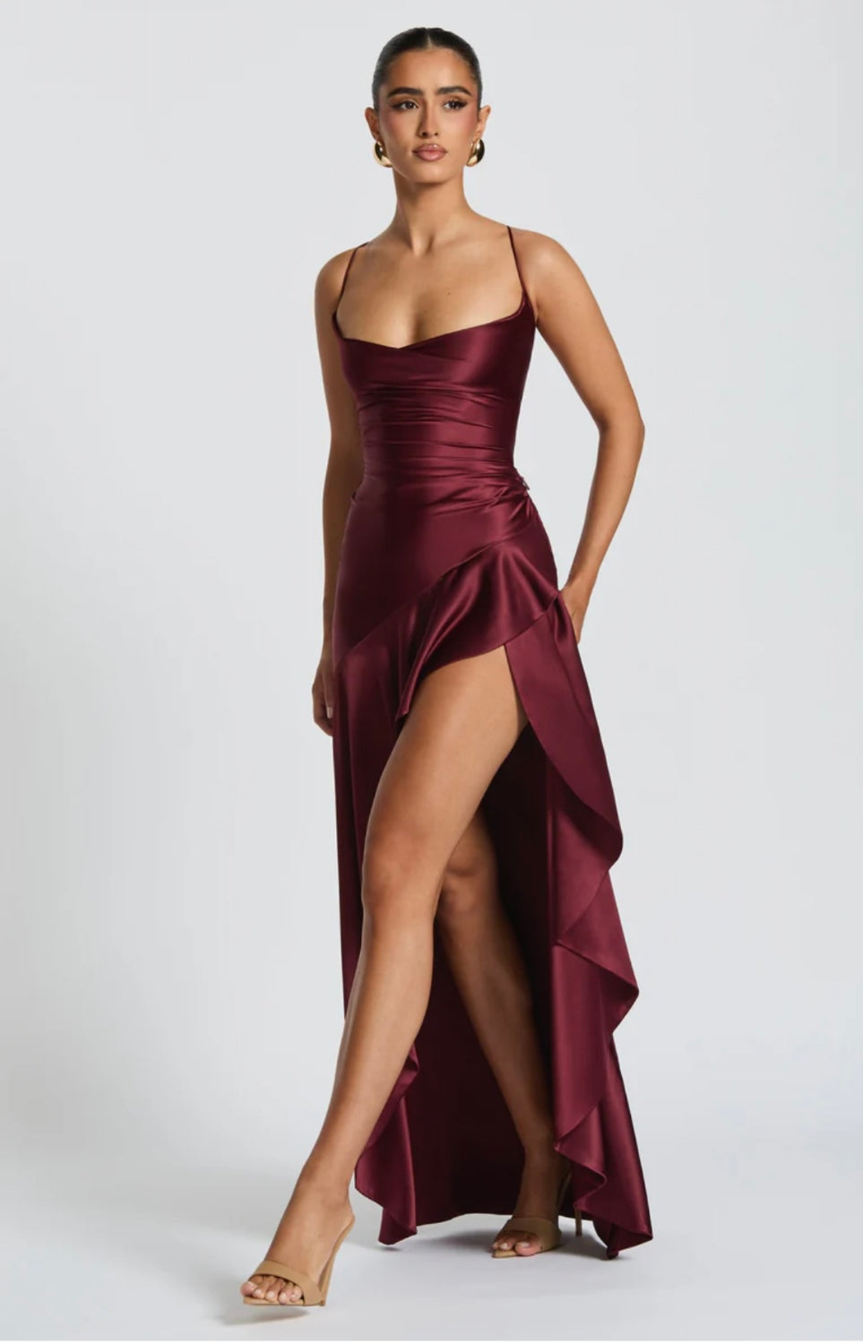 High-Low Ruffle Hem Satin Maxi Dress with Twist Cowl Neck for Evening Wear