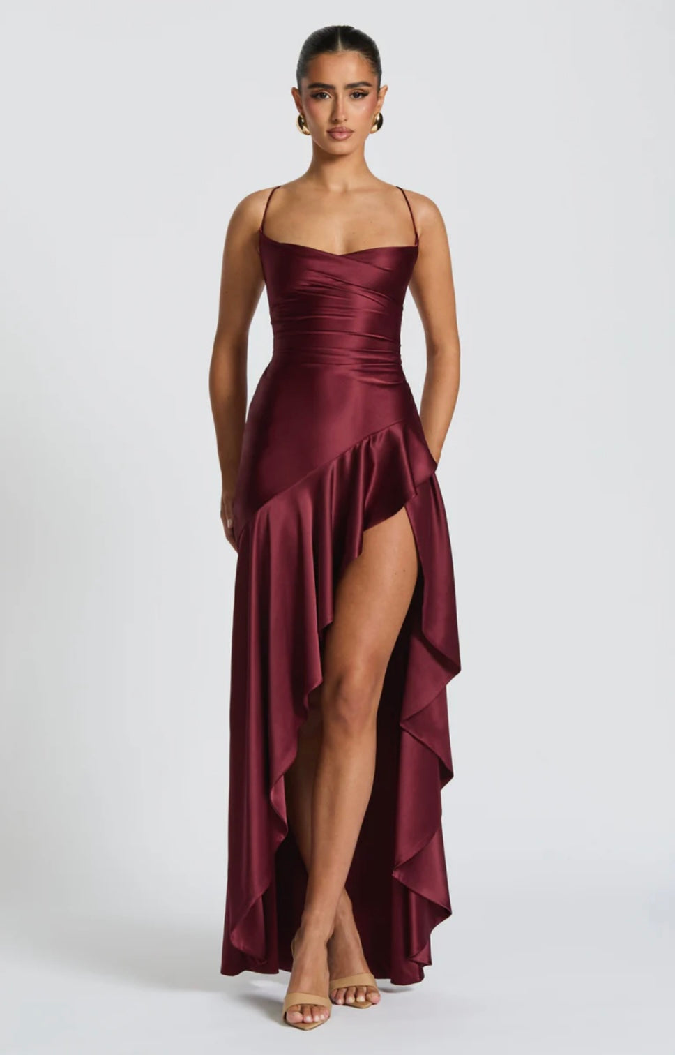 High-Low Ruffle Hem Satin Maxi Dress with Twist Cowl Neck for Evening Wear