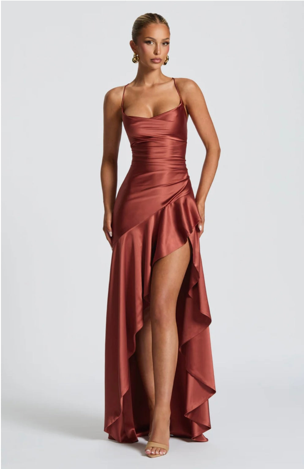 High-Low Ruffle Hem Satin Maxi Dress with Twist Cowl Neck for Evening Wear