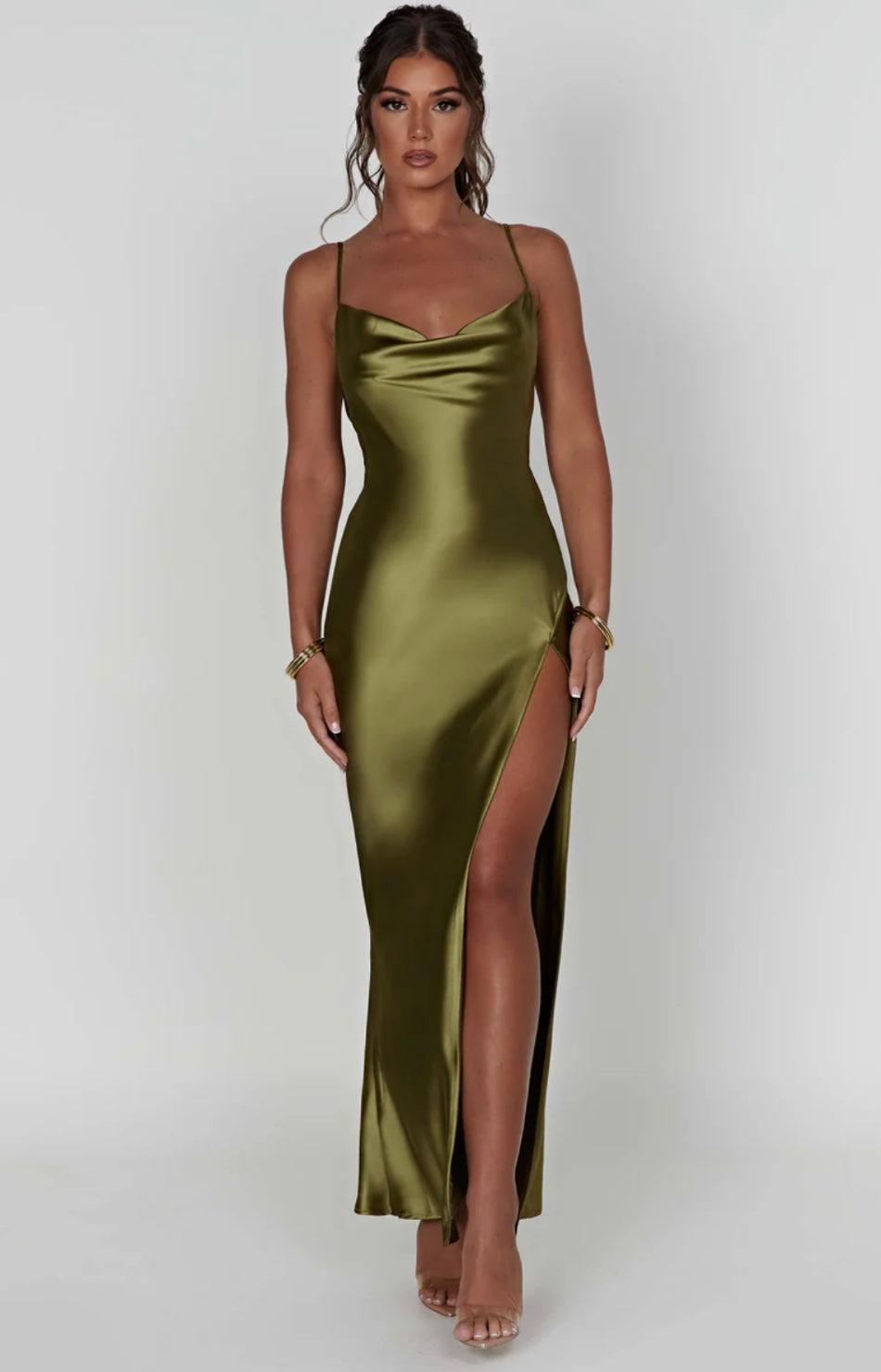 Cowl Neck Low Back Maxi Dress with Thigh-High Split for Evening Wear
