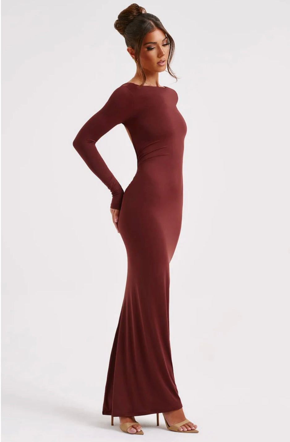 Sculpting Long Sleeve High Neck Open Back Maxi Dress for Evening Events