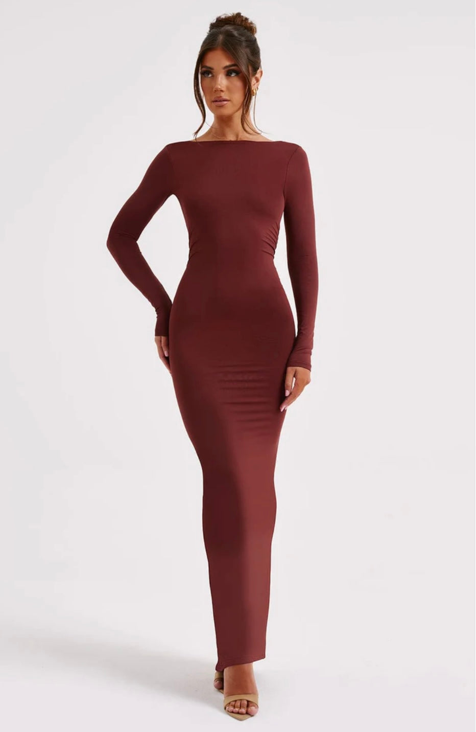 Sculpting Long Sleeve High Neck Open Back Maxi Dress for Evening Events