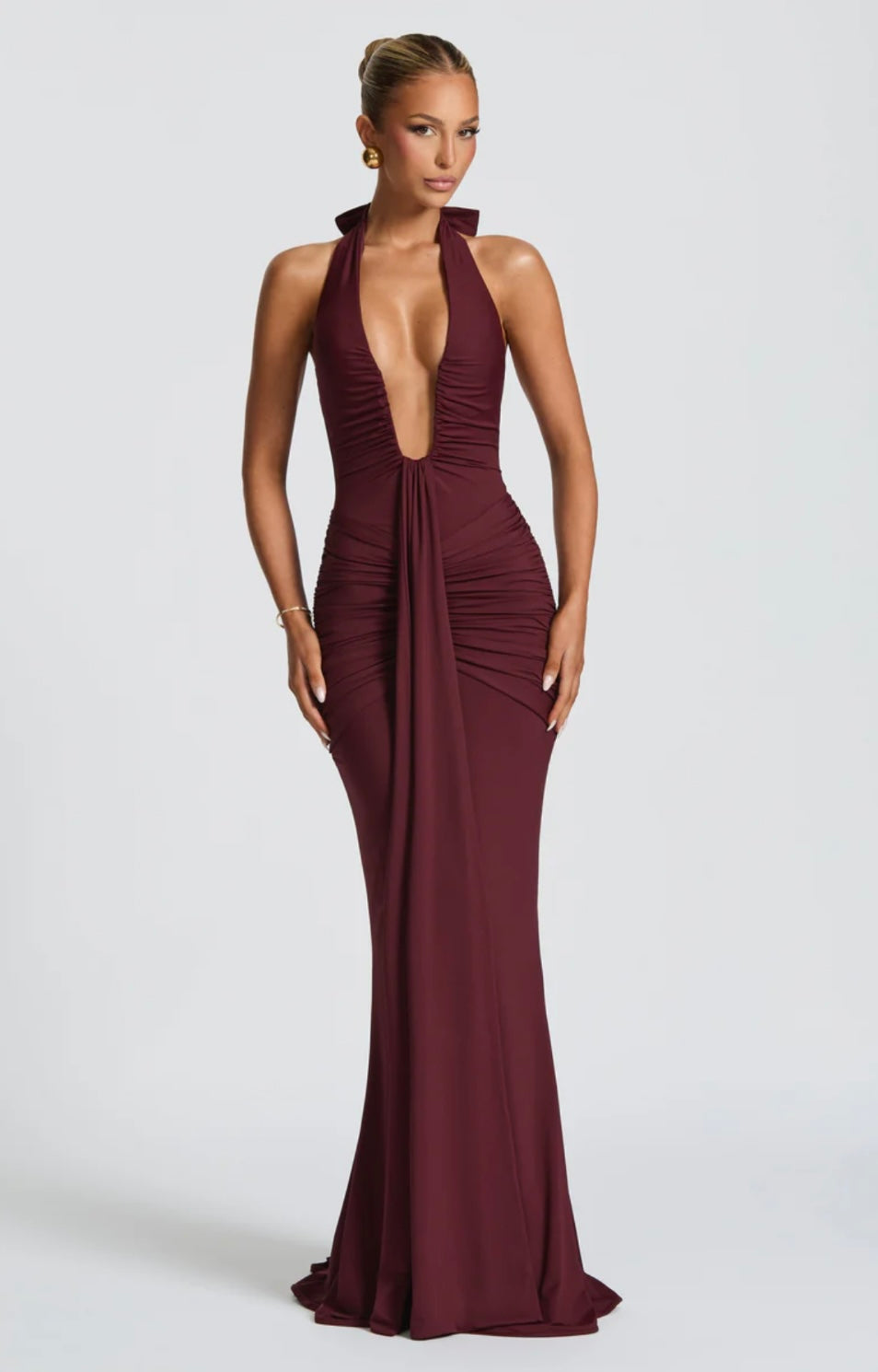 Ruched Plunging Halter Maxi Dress | Bodycon Style for Evening Wear