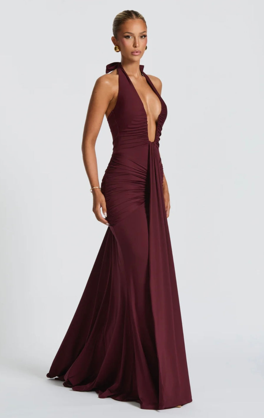 Ruched Plunging Halter Maxi Dress | Bodycon Style for Evening Wear