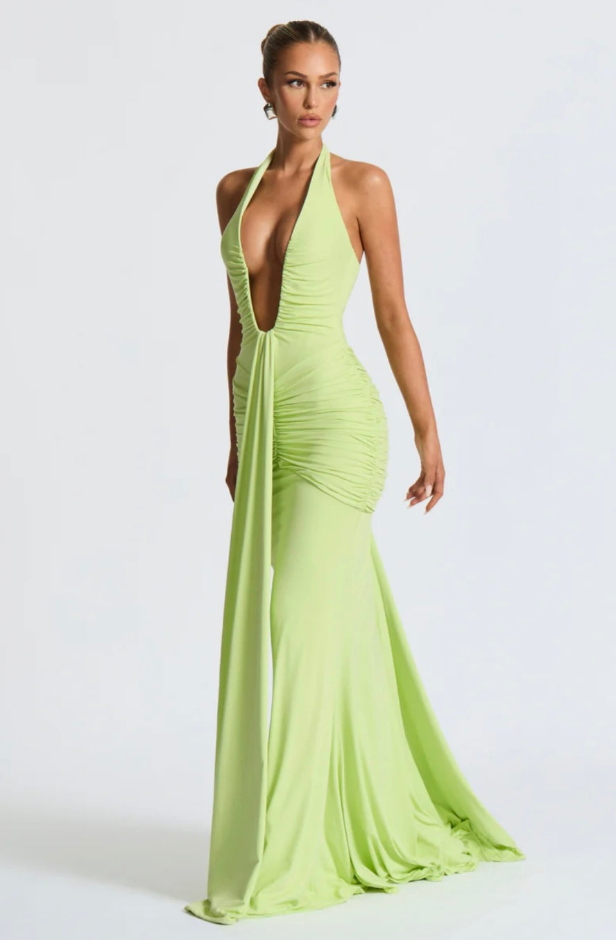 Ruched Bodycon Maxi Dress | Plunging Halter Neck | Evening Wear