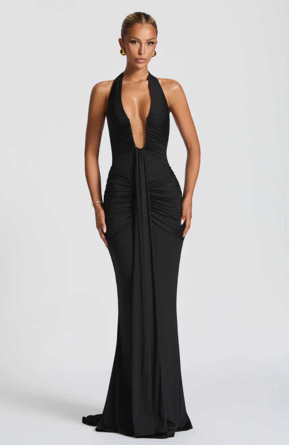 Ruched Plunging Halter Maxi Dress | Bodycon Style for Evening Wear