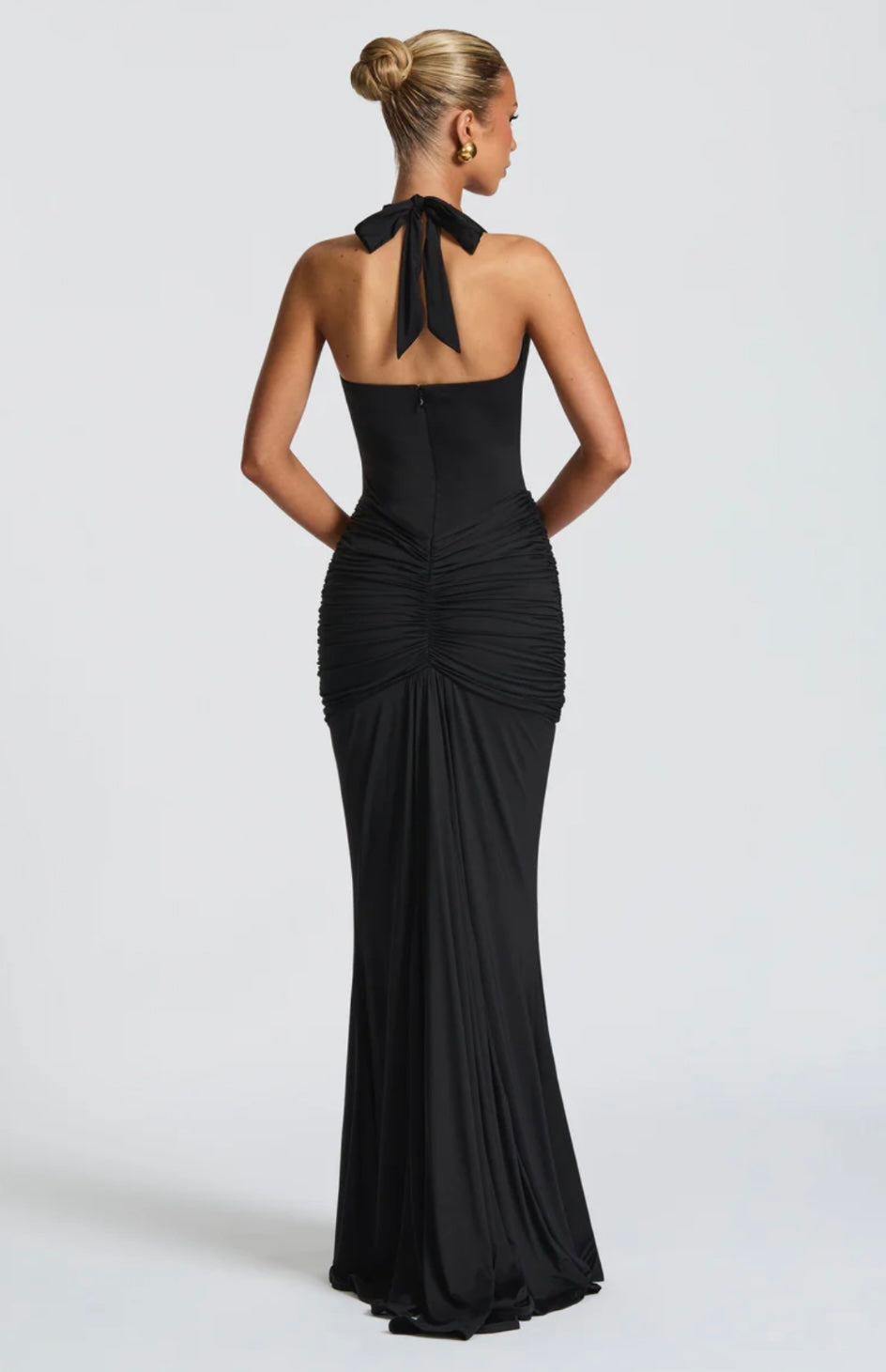 Ruched Bodycon Maxi Dress | Plunging Halter Neck | Evening Wear