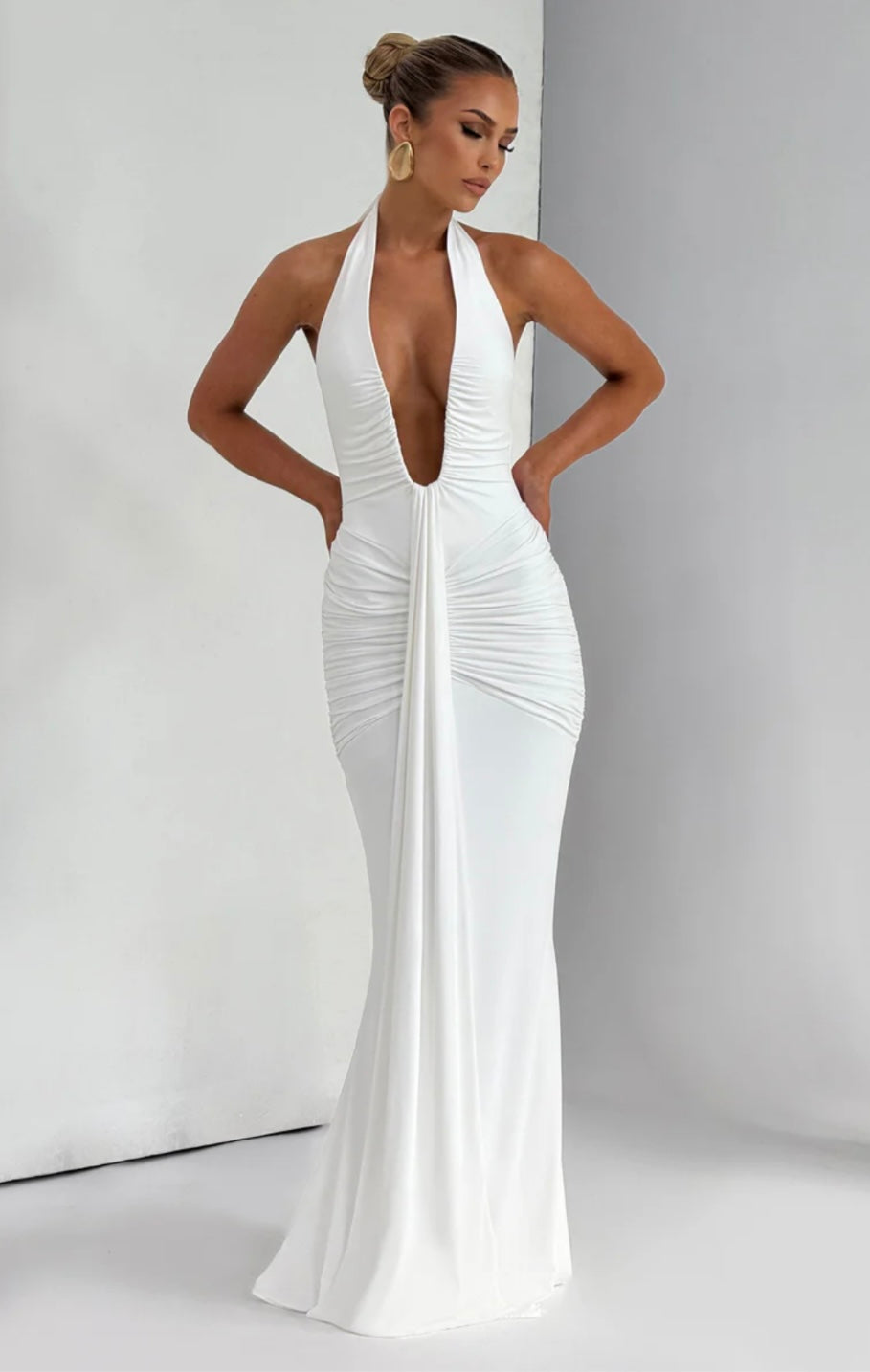 Ruched Plunging Halter Maxi Dress | Bodycon Style for Evening Wear