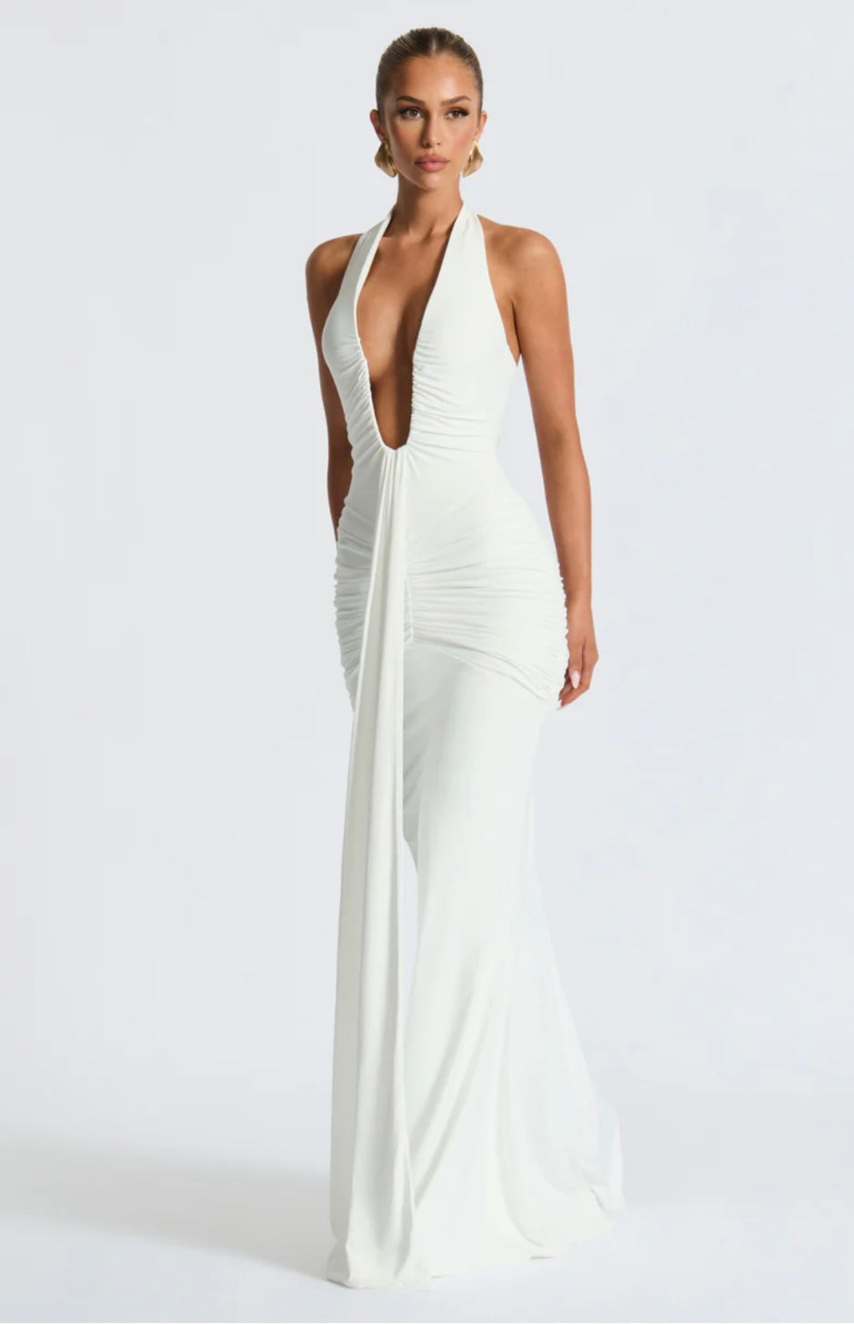 Ruched Plunging Halter Maxi Dress | Bodycon Style for Evening Wear
