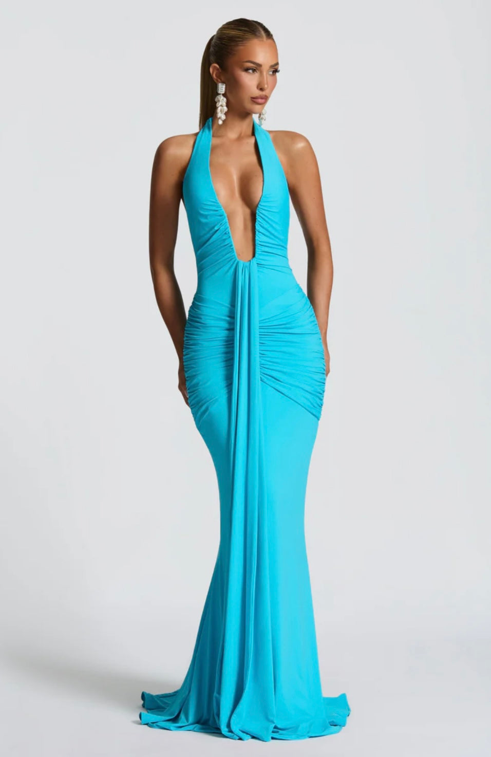 Ruched Plunging Halter Maxi Dress | Bodycon Style for Evening Wear