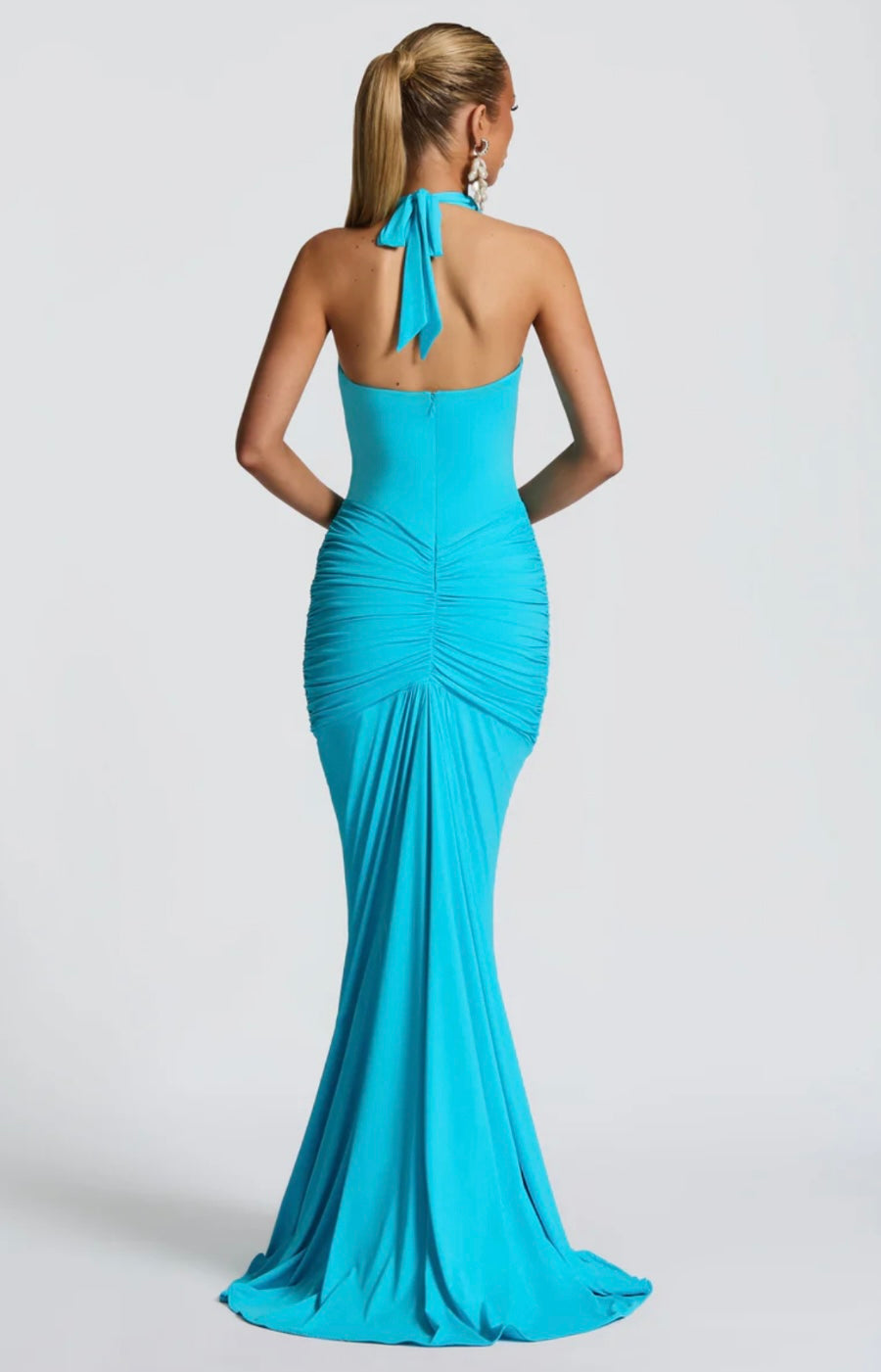 Ruched Bodycon Maxi Dress | Plunging Halter Neck | Evening Wear