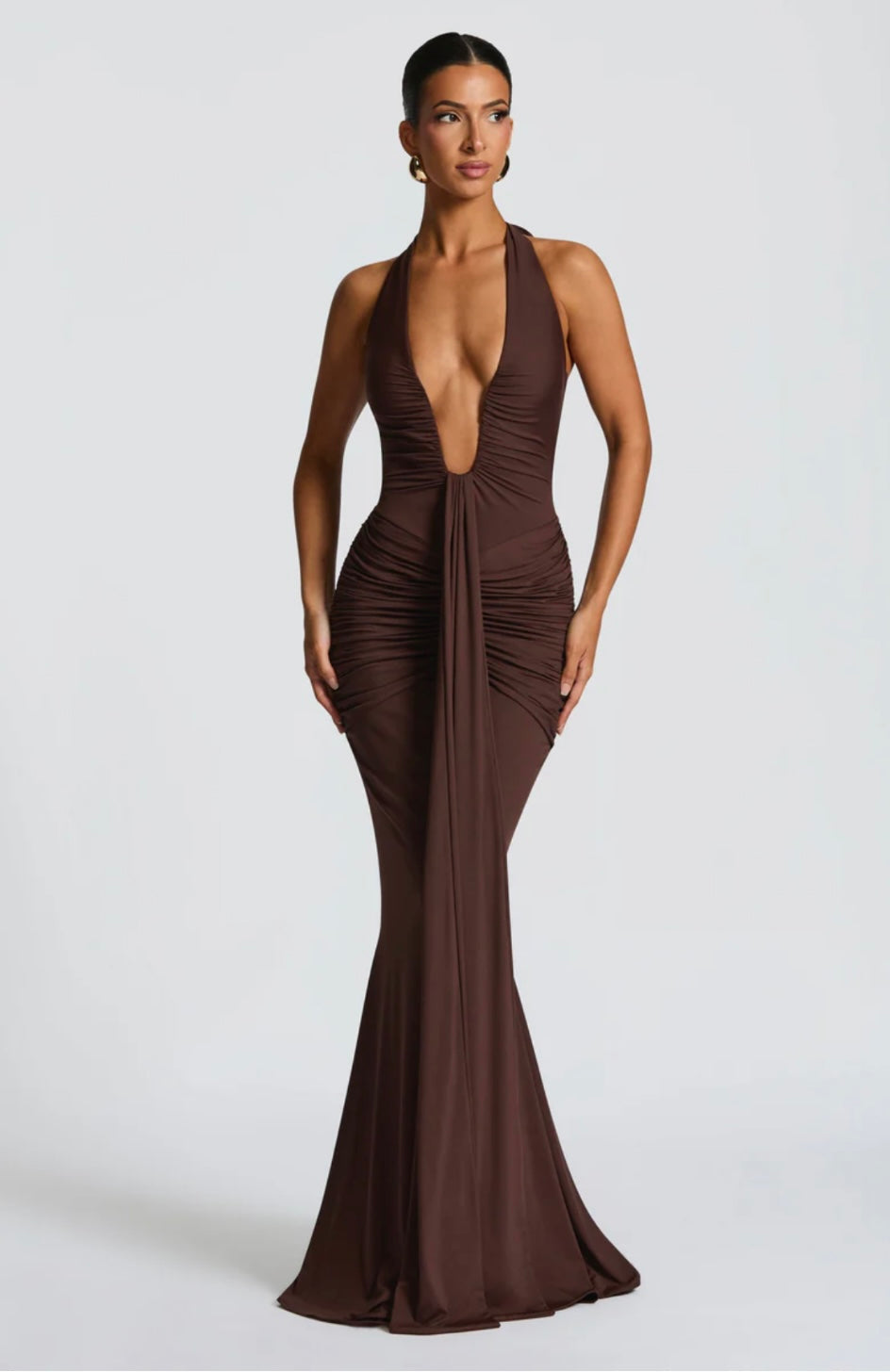 Ruched Bodycon Maxi Dress | Plunging Halter Neck | Evening Wear