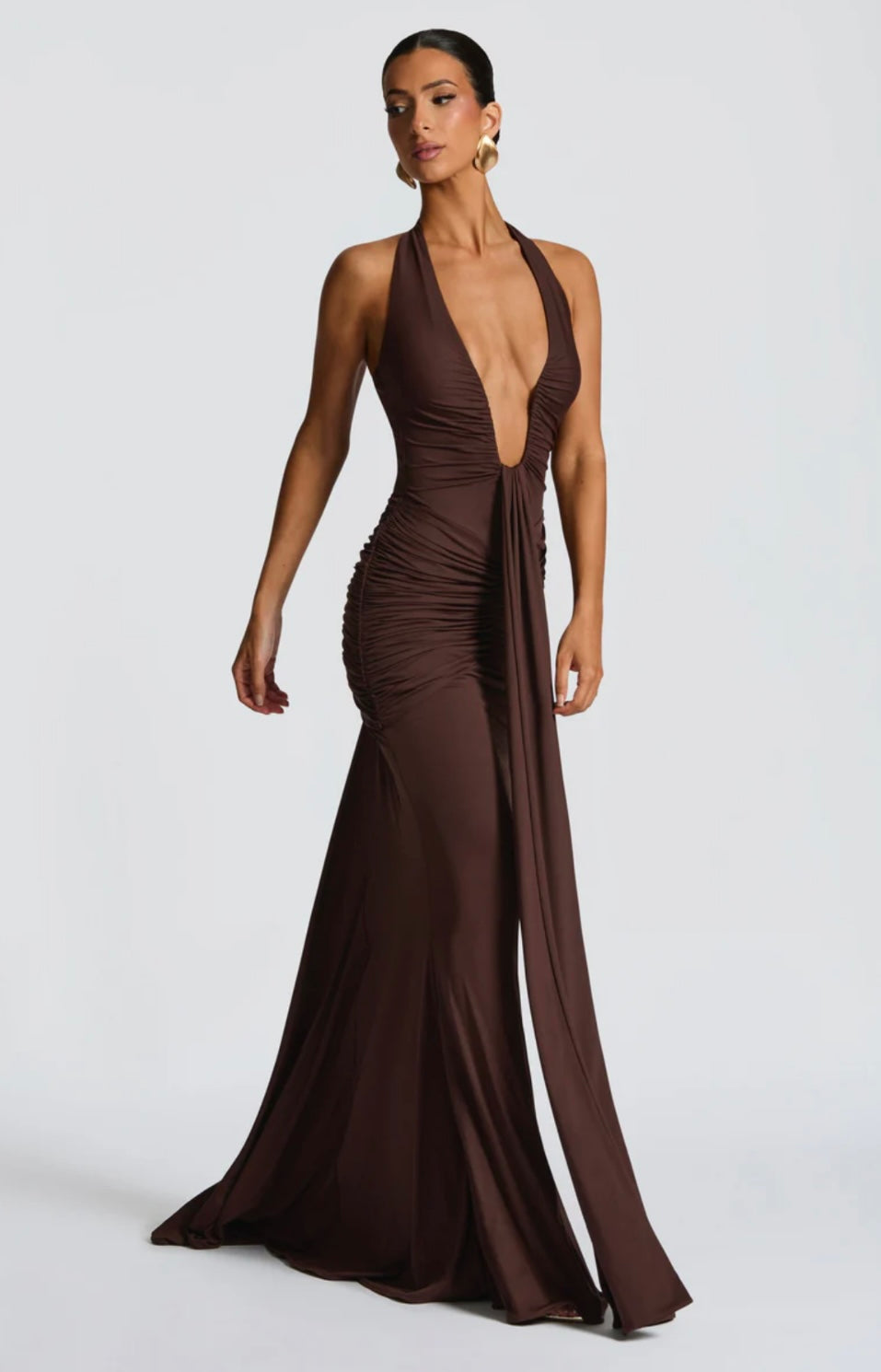 Ruched Plunging Halter Maxi Dress | Bodycon Style for Evening Wear