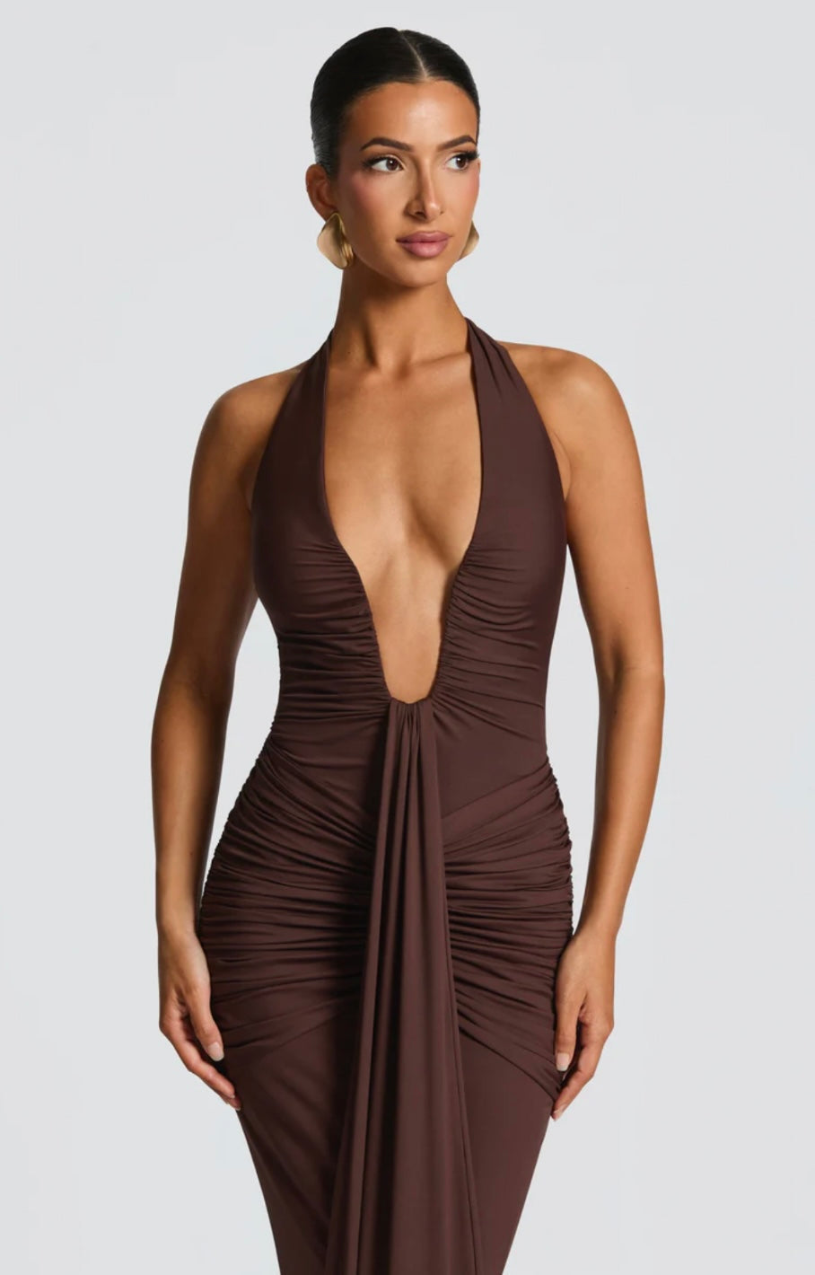 Ruched Plunging Halter Maxi Dress | Bodycon Style for Evening Wear