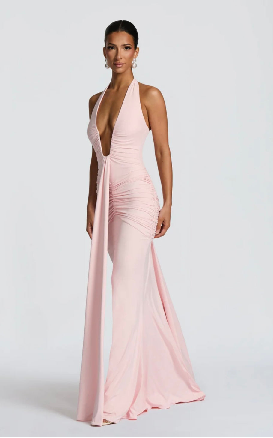 Ruched Bodycon Maxi Dress | Plunging Halter Neck | Evening Wear