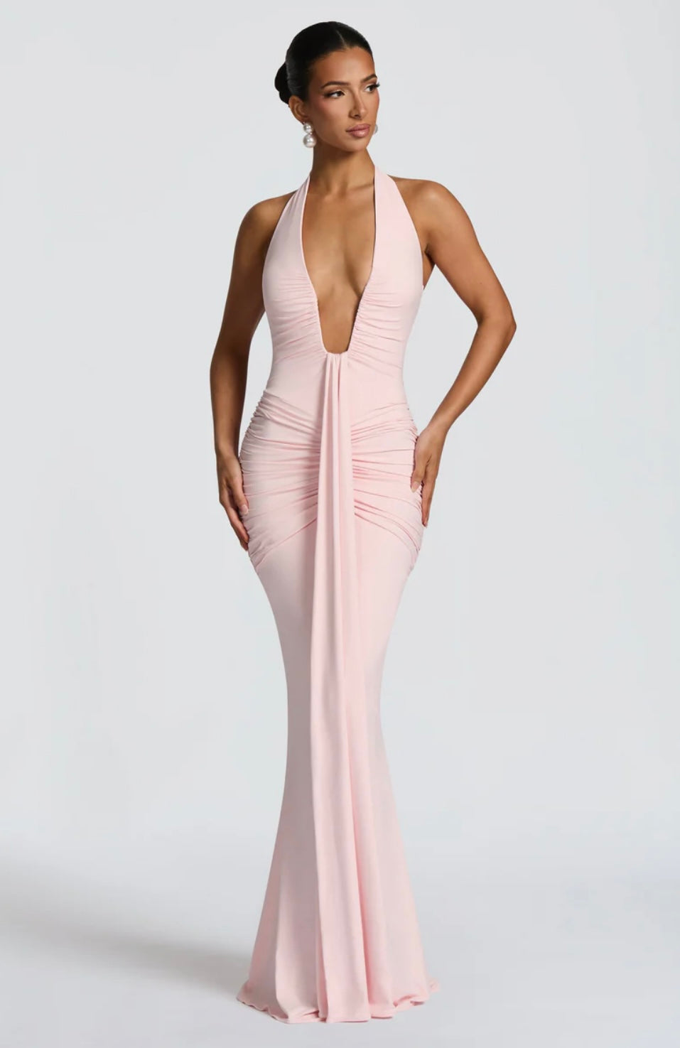 Ruched Bodycon Maxi Dress | Plunging Halter Neck | Evening Wear