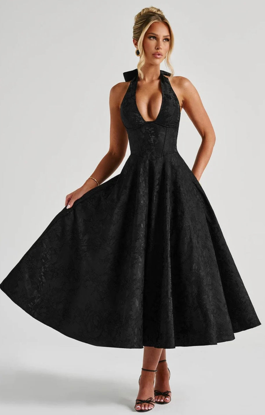Halter Neck Floral Jacquard Midi Dress for Women - Elegant Summer Outfit