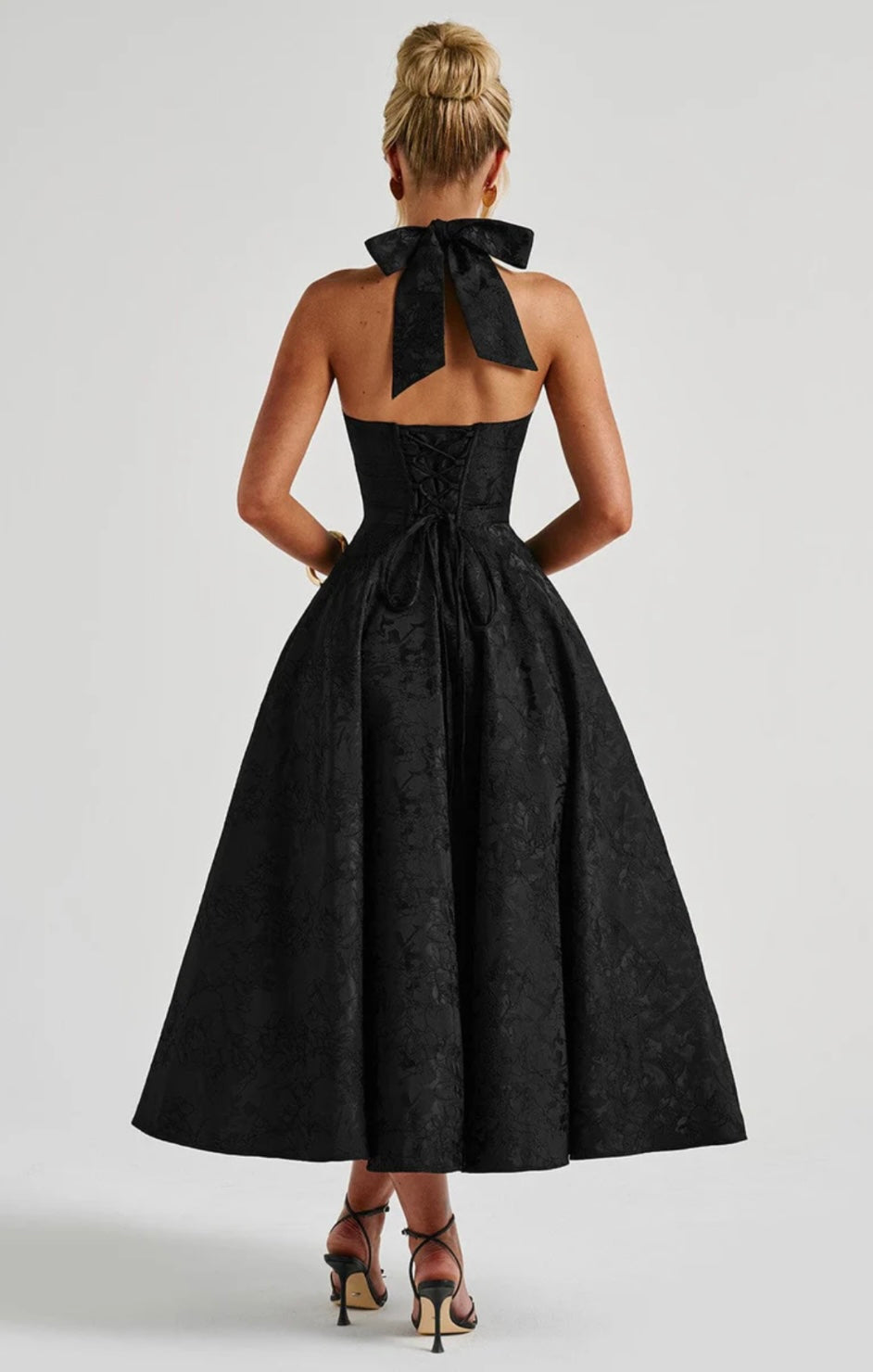 Halter Neck Floral Jacquard Midi Dress for Women - Elegant Summer Outfit