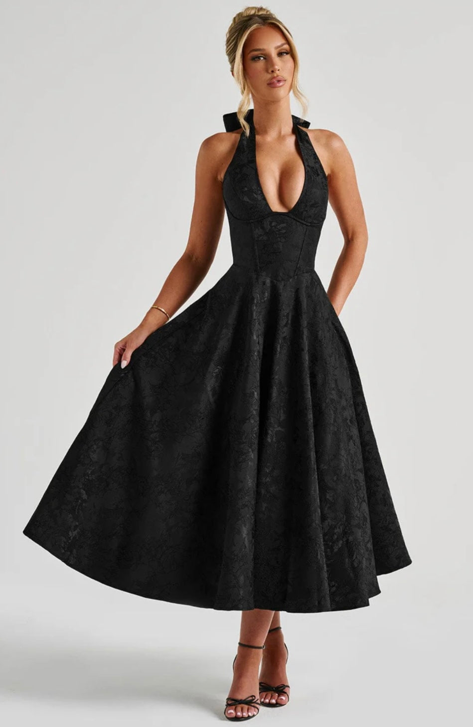 Halter Neck Floral Jacquard Midi Dress for Women - Elegant Summer Outfit