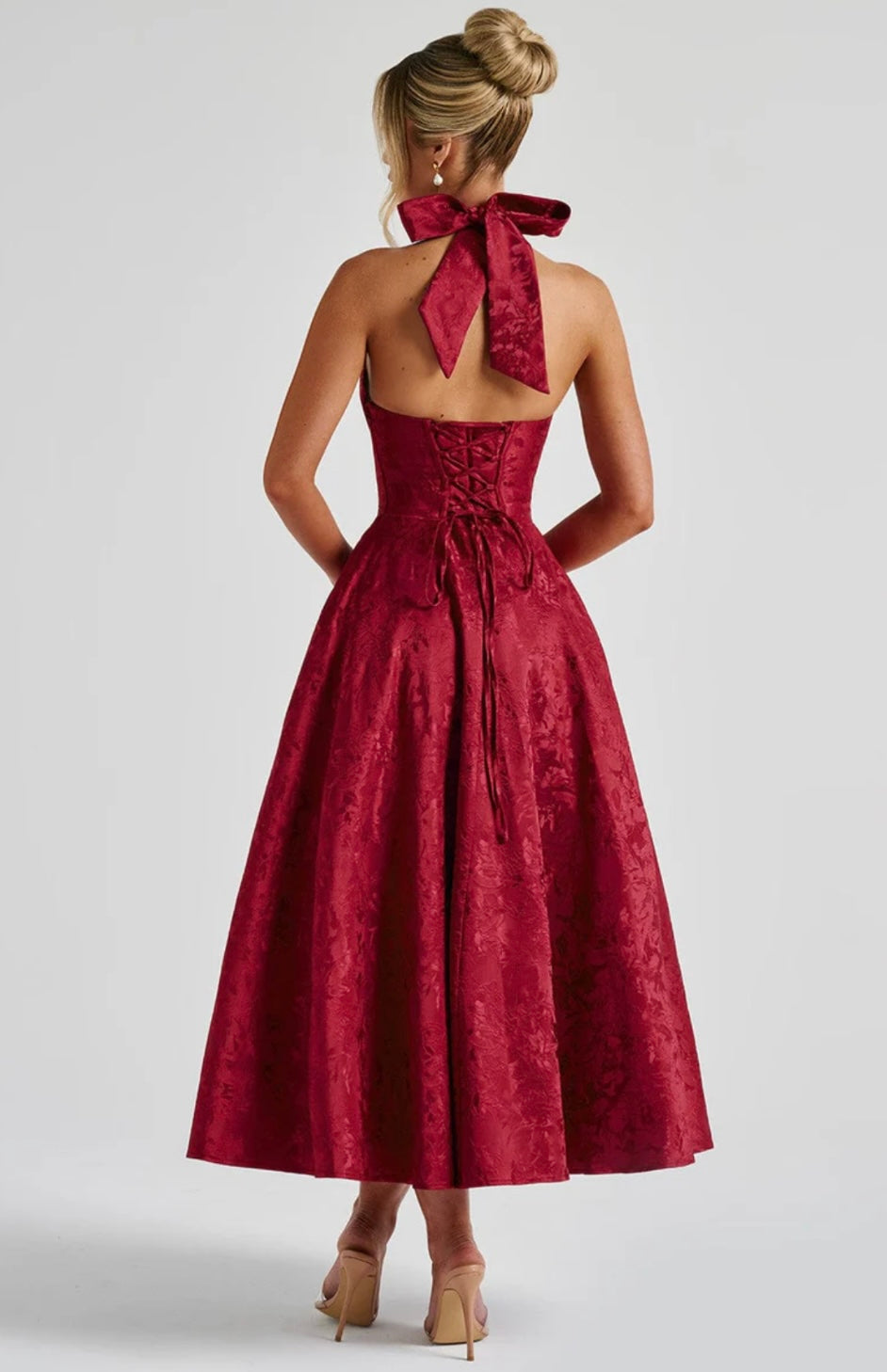 Halter Neck Floral Jacquard Midi Dress for Women - Elegant Summer Outfit