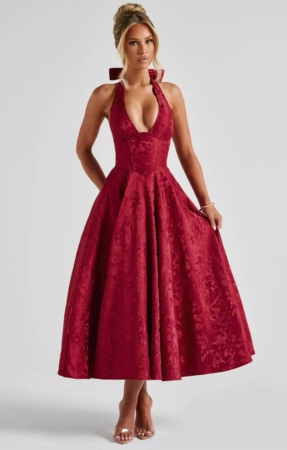 Halter Neck Floral Jacquard Midi Dress for Women - Elegant Summer Outfit