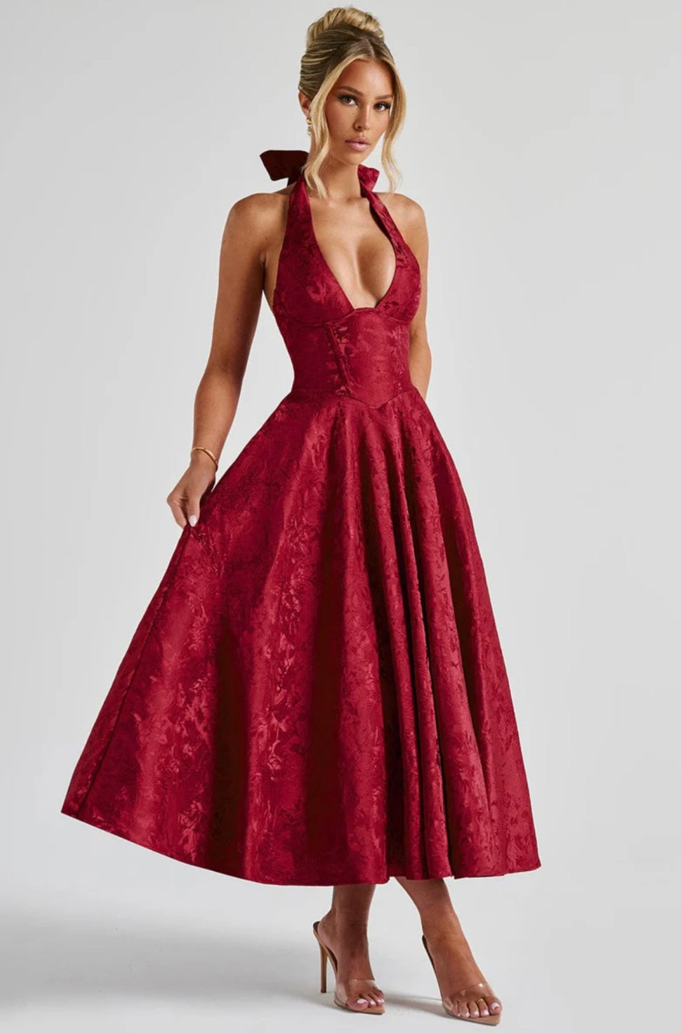 Halter Neck Floral Jacquard Midi Dress for Women - Elegant Summer Outfit