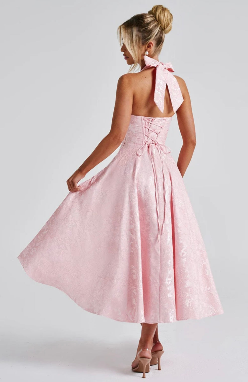Halter Neck Floral Jacquard Midi Dress for Women - Elegant Summer Outfit