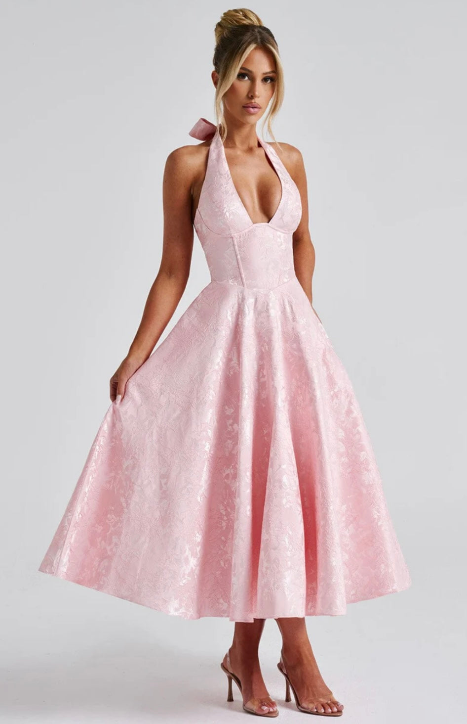 Halter Neck Floral Jacquard Midi Dress for Women - Elegant Summer Outfit