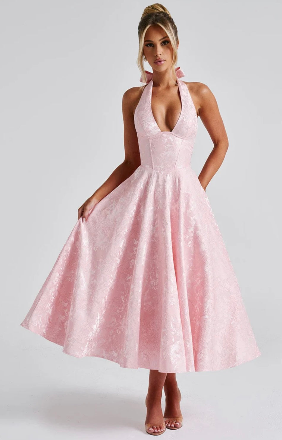 Halter Neck Floral Jacquard Midi Dress for Women - Elegant Summer Outfit