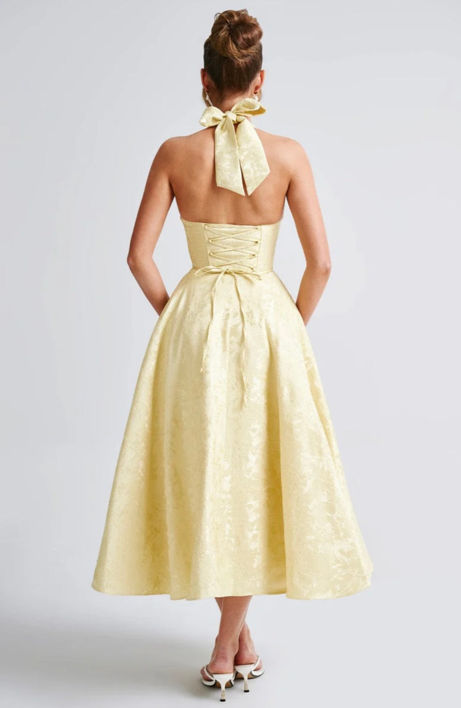 Halter Neck Floral Jacquard Midi Dress for Women - Elegant Summer Outfit