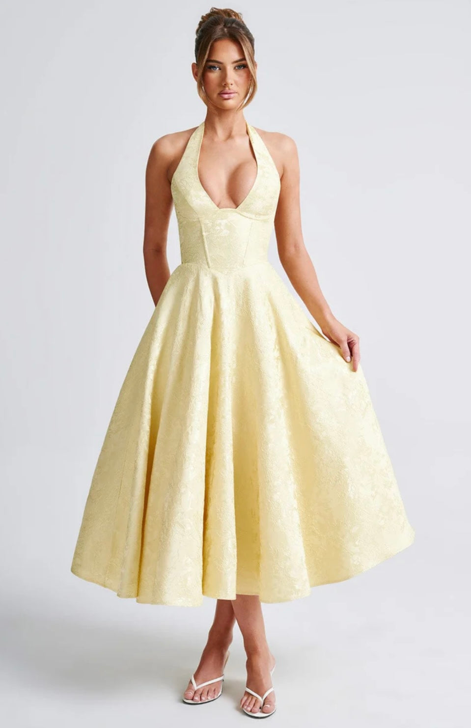 Halter Neck Floral Jacquard Midi Dress for Women - Elegant Summer Outfit