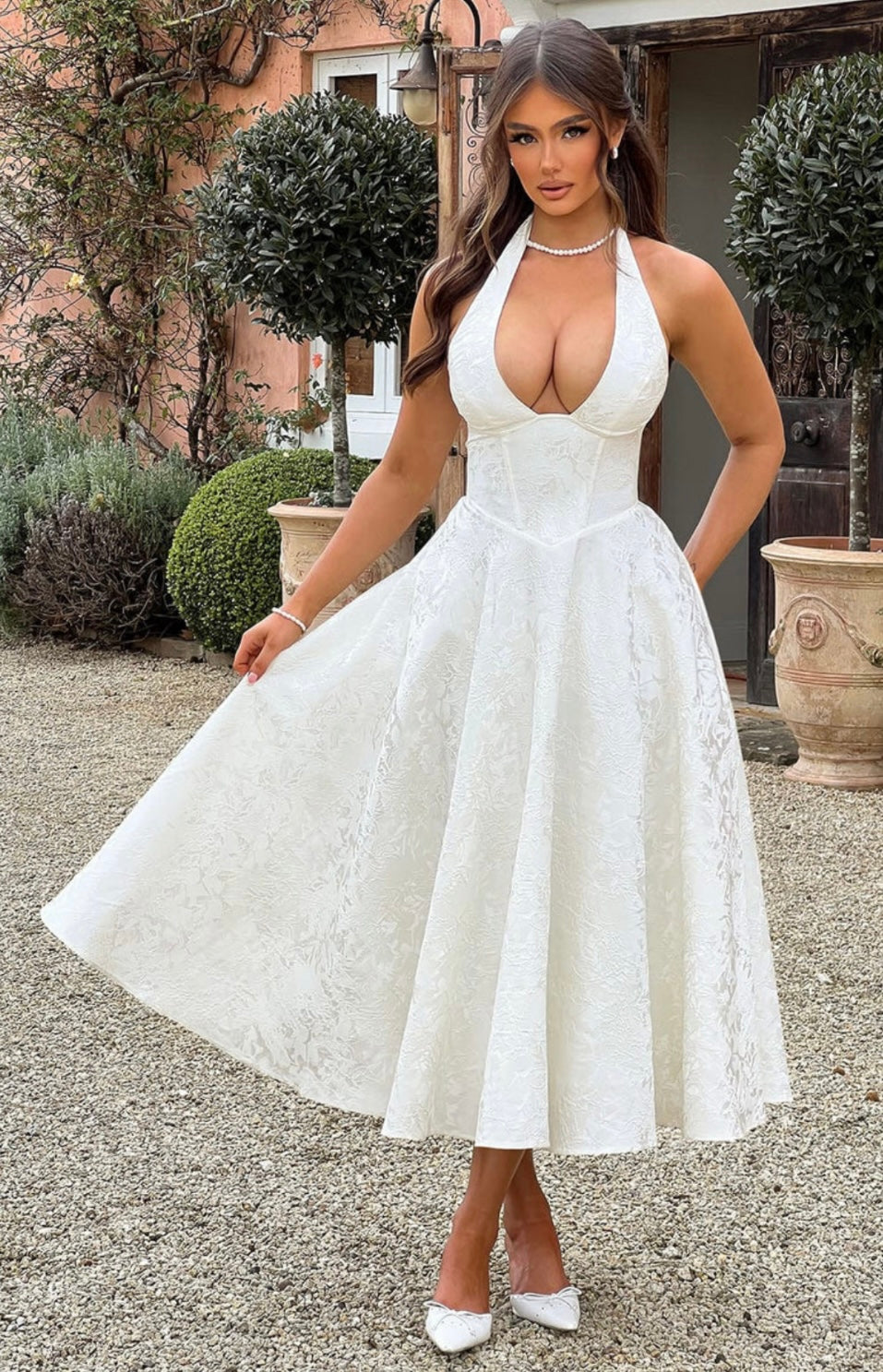 Halter Neck Floral Jacquard Midi Dress for Women - Elegant Summer Outfit