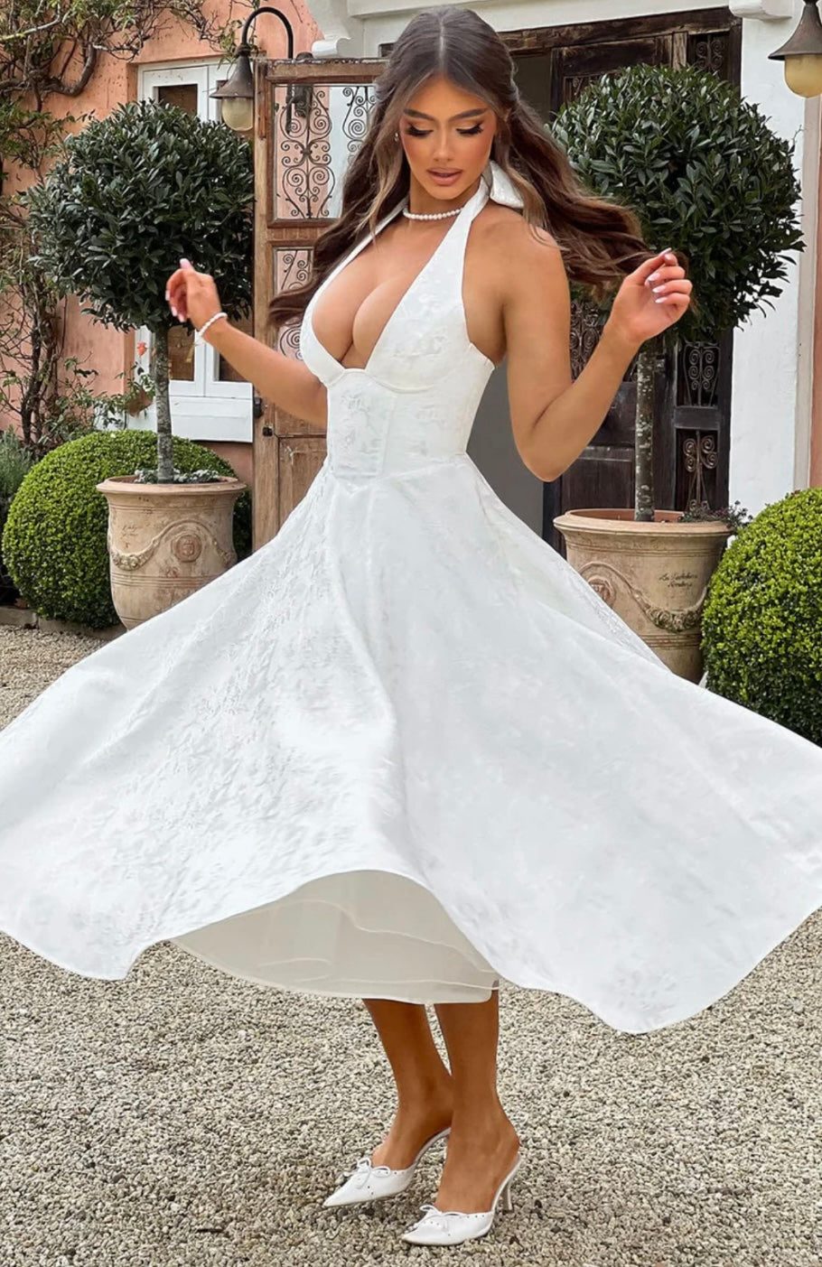 Halter Neck Floral Jacquard Midi Dress for Women - Elegant Summer Outfit