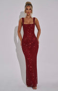 Sculpted Square Neck Crystal Mesh Maxi Dress for Evening Events